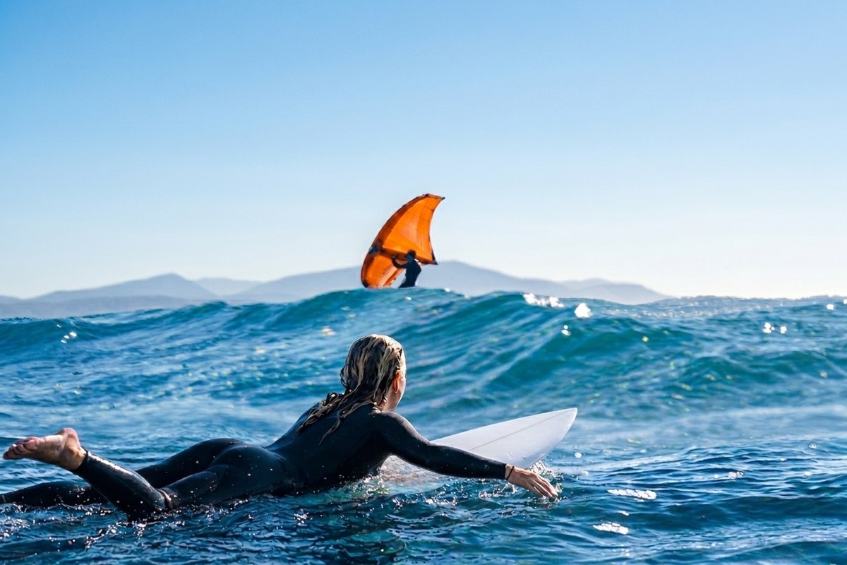 A surfer paddles out on her board while a wing foiler rides a wave behind her